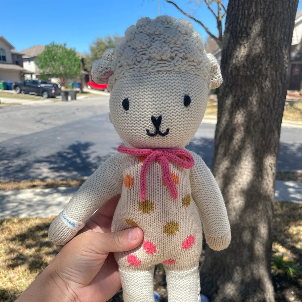 Adorable Cream Stuffed Lamb with Pink and Gold Accents